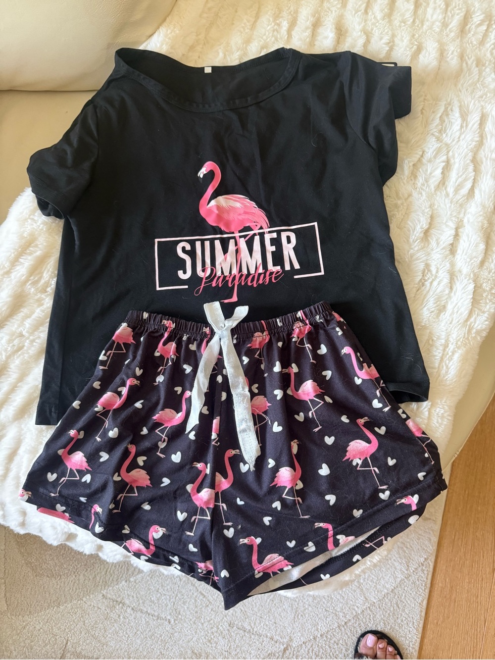 Women Size S Black Flamingo Sleep Set - Pink Print